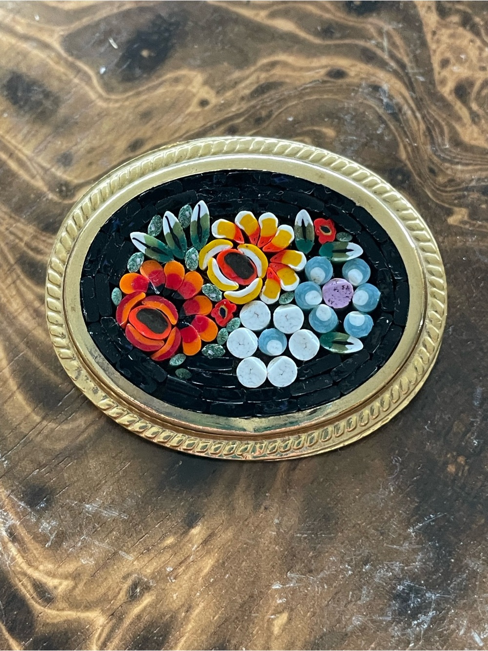 Vintage Italy Black Floral Mosaic Oval Brooch Pin - Gold Tone Ruffle Border